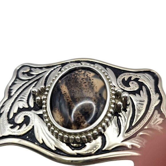 Western Belt Buckle Dendritic Agate Cabochon Silvertone Engraved Side Pieces - Picture 4 of 12